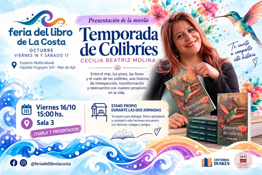 La escritora pinamarense Cecilia Molina presentará Temporada de Colibríes en la primera Feria del Libro de La Costa